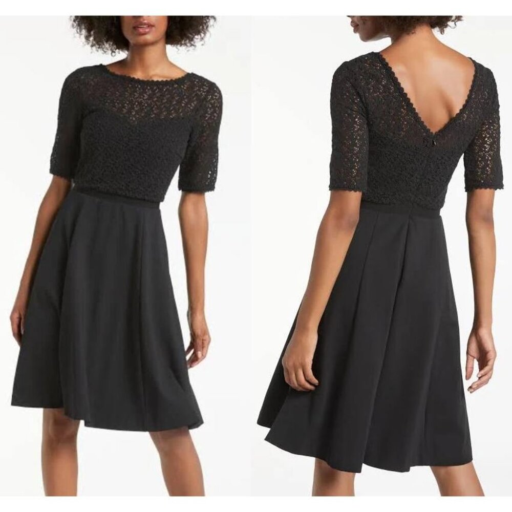 Boden Lisa Ponte & Lace Dress black fit & flare vee back 6 petite party formal